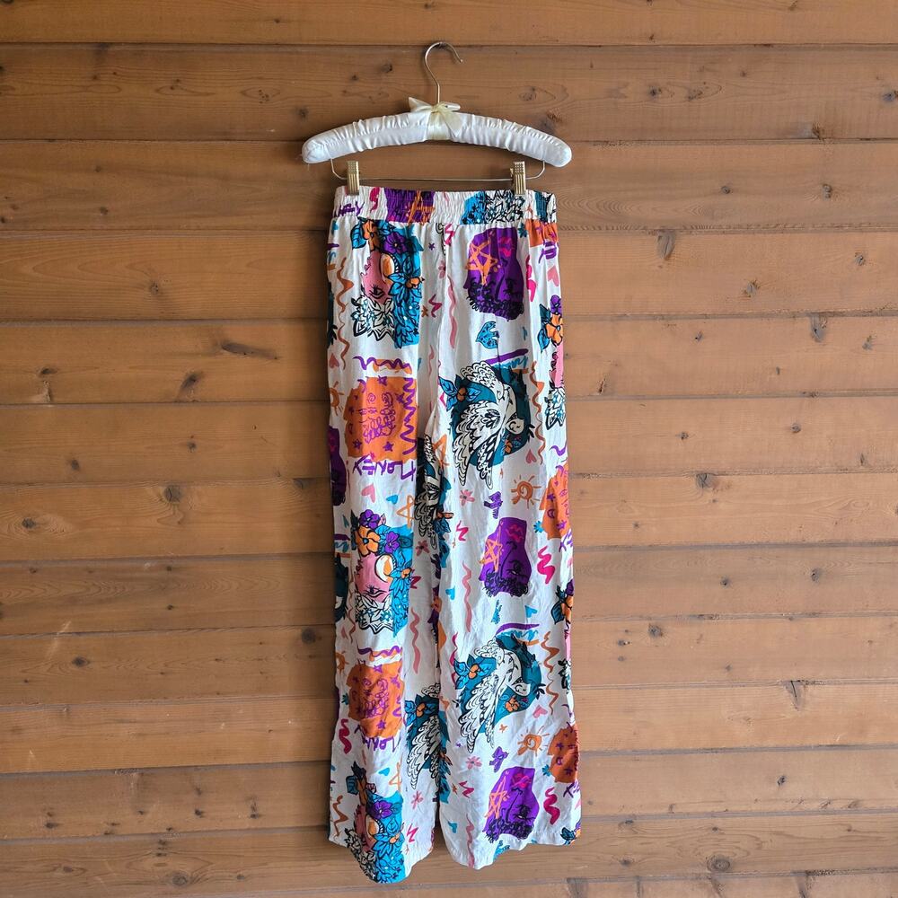 Milk & Honey Graphic Pant Wide Leg Boho Pinup Tropical Beachy Large Y2K Flowy - Picture 3 of 7